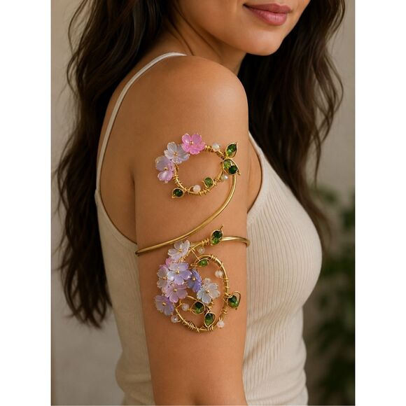 Hand Crafted Jewelry - Enchanted adjustable gold tone floral arm cuff whimsical fairy core blossom flow